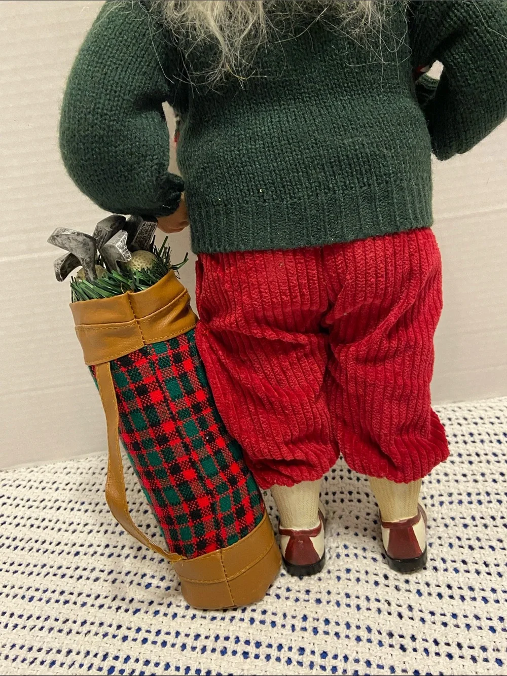 Santa Golf Figurine Red Corduroy Pants & Hat Argyle Sweater Golf Club Bag & Ball